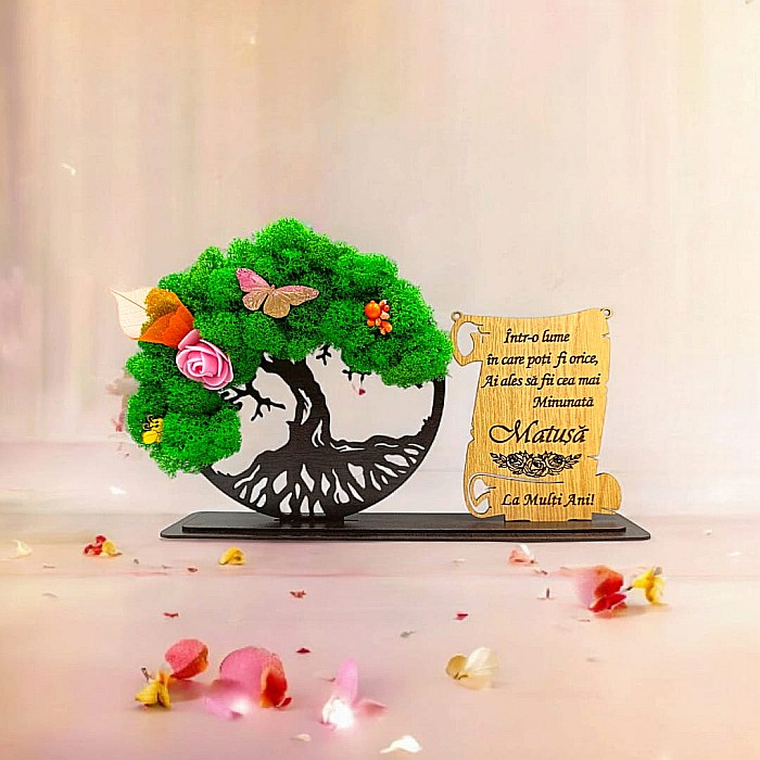 Cadou personalizat, Copacul vietii cu licheni si placuta, mesaj standard pentru Matusa, dimensiune 30x18cm, wenge [1]