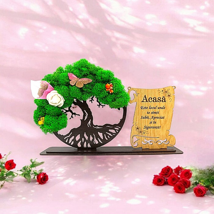 Cadou personalizat, Copacul vietii cu licheni si placuta, mesaj standard pentru Familie/Nasi/Bunici, dimensiune 30x18cm, wenge [1]