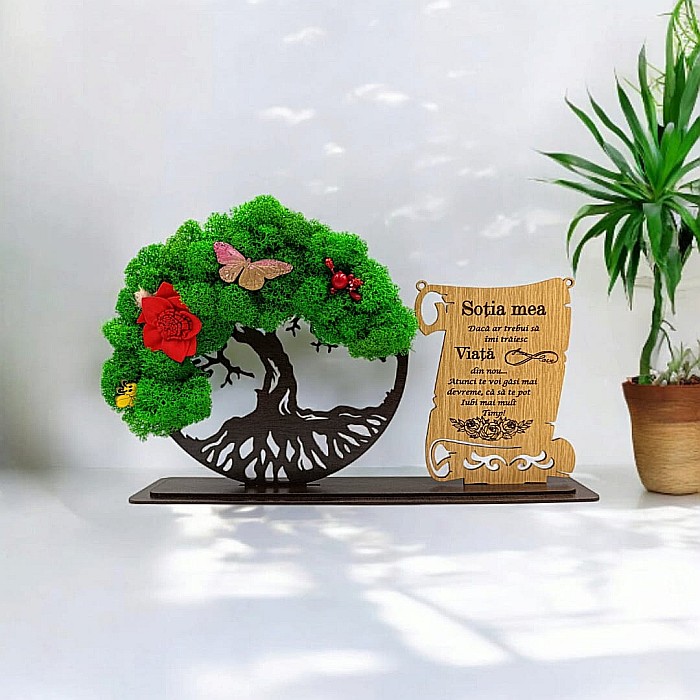 Cadou personalizat, Copacul vietii cu licheni si placuta, mesaj standard pentru "Sotia Mea", dimensiune 30x18cm, wenge [1]