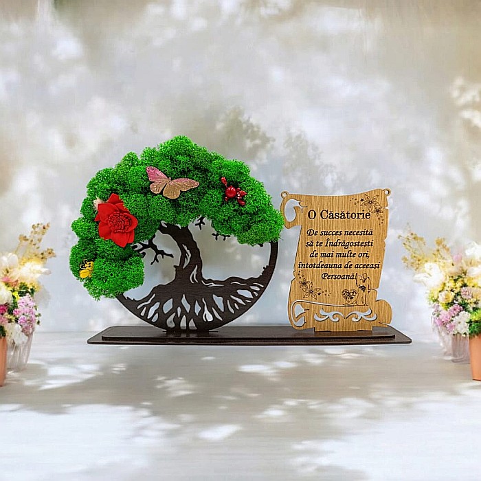 Cadou personalizat, Copacul vietii cu licheni si placuta, mesaj standard pentru Casatorie, dimensiune 30x18cm, wenge [1]