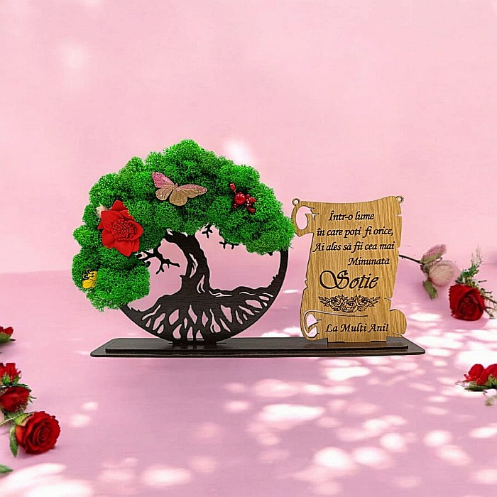 Cadou personalizat, Copacul vietii cu licheni si placuta, mesaj standard pentru Sotie Minunata, dimensiune 30x18cm, wenge [1]