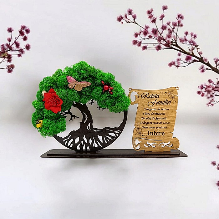 Cadou personalizat, Copacul vietii cu licheni si placuta, mesaj standard pentru Reteta Familiei, dimensiune 30x18cm, wenge [1]