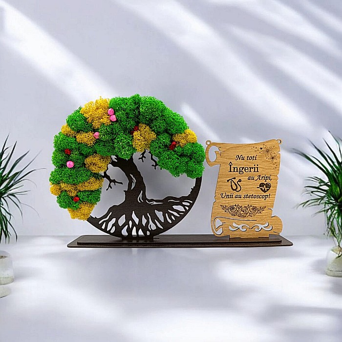 Cadou personalizat, Copacul vietii cu licheni si placuta, mesaj standard pentru Medici/Doctori, model 2, dimensiune 30x18cm, wenge [1]