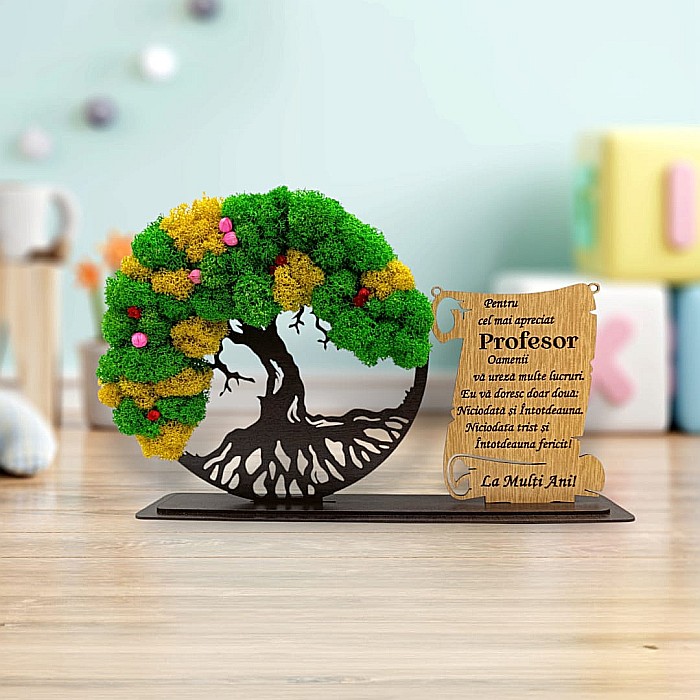 Cadou personalizat, Copacul vietii cu licheni si placuta, mesaj standard pentru Profesor, dimensiune 30x18cm, wenge [1]