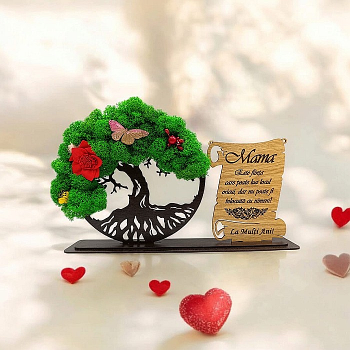 Cadou personalizat, Copacul vietii cu licheni si placuta, mesaj standard pentru Mama, model 4, dimensiune 30x18cm, wenge [1]