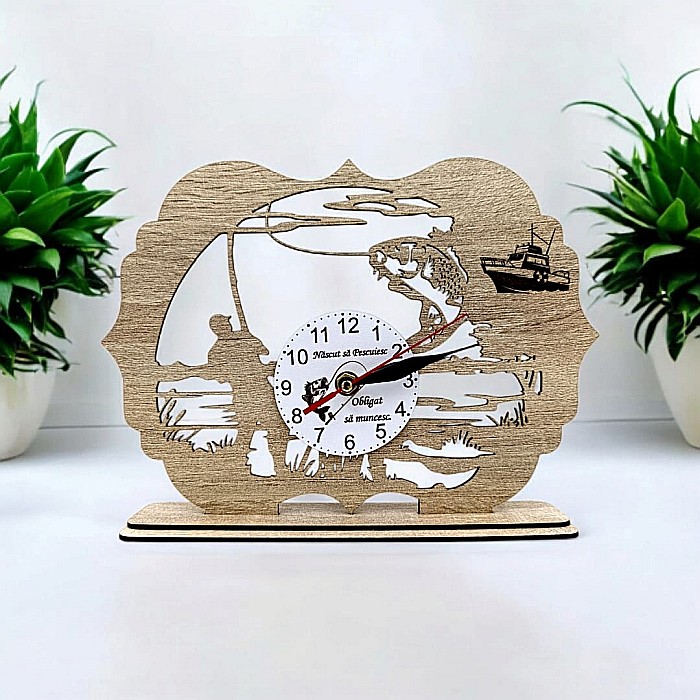 Tablou Ceas cu mesaj standard pentru Pescari "Nascut sa pescuiesc, obligat sa muncesc..", cadou personalizat perfect pentru Iubitorii de Pescuit, 28x20cm [1]
