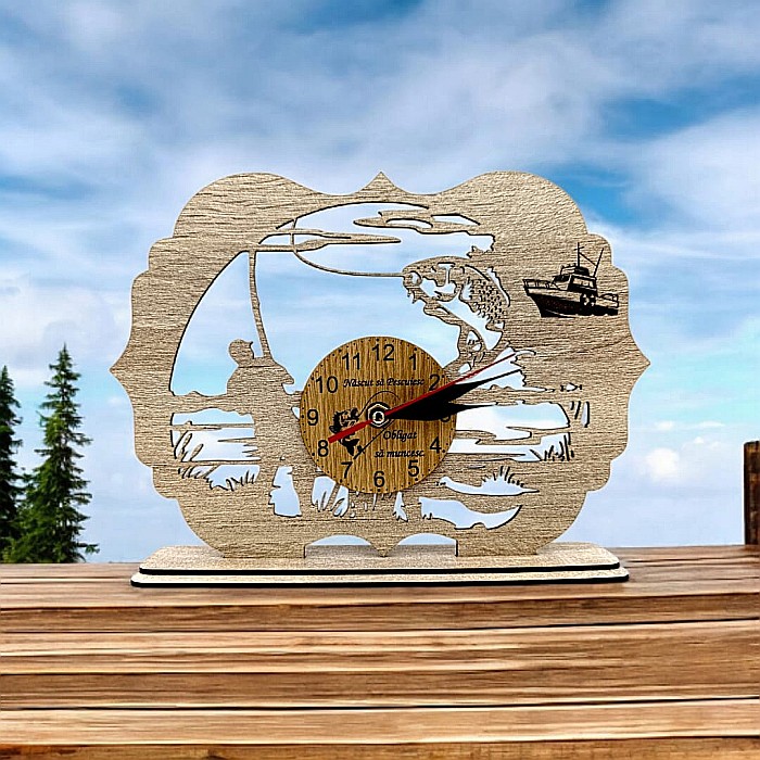 Tablou Ceas cu mesaj standard pentru Pescari "Nascut sa pescuiesc, obligat sa muncesc..", cadou personalizat perfect pentru Iubitorii de Pescuit, 28x20cm, cadran maro [1]