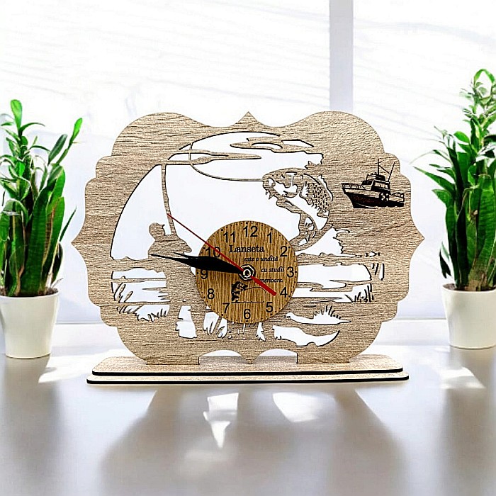 Tablou Ceas cu mesaj standard pentru Pescari "Lanseta este o undita cu studii superioare", cadou personalizat perfect pentru Iubitorii de Pescuit, 28x20cm, cadran maro [1]