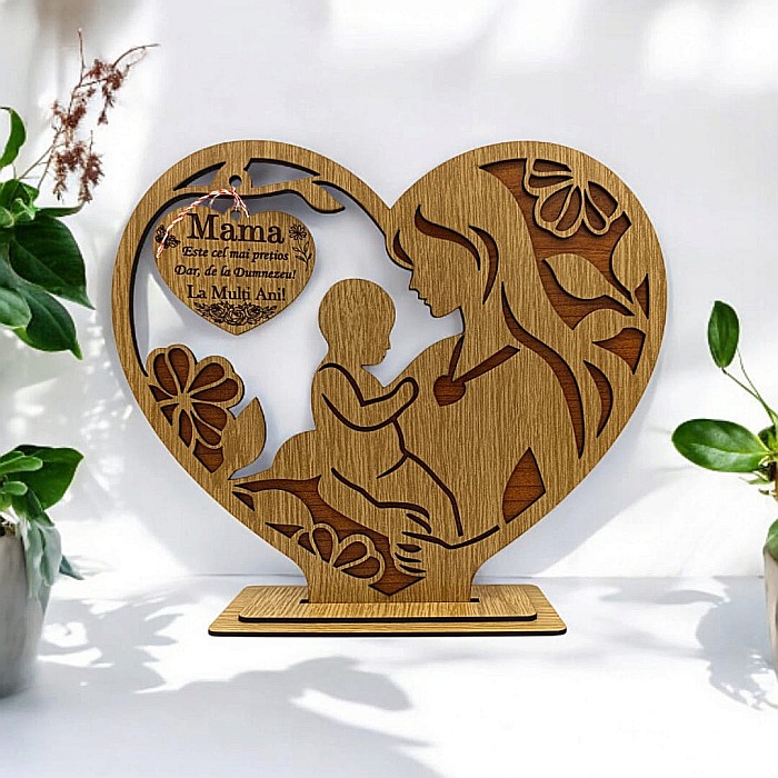 Cadou personalizat inima din lemn, decoratiune cu mesaj standard pentru Mama, dimensiune 19x22cm [1]
