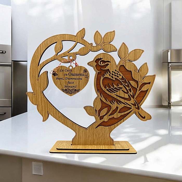 Cadou personalizat cu pasare in forma de inima, decoratiune cu mesaj standard pentru "La casa cu Oamenii Buni", dimensiune 19x22cm [1]