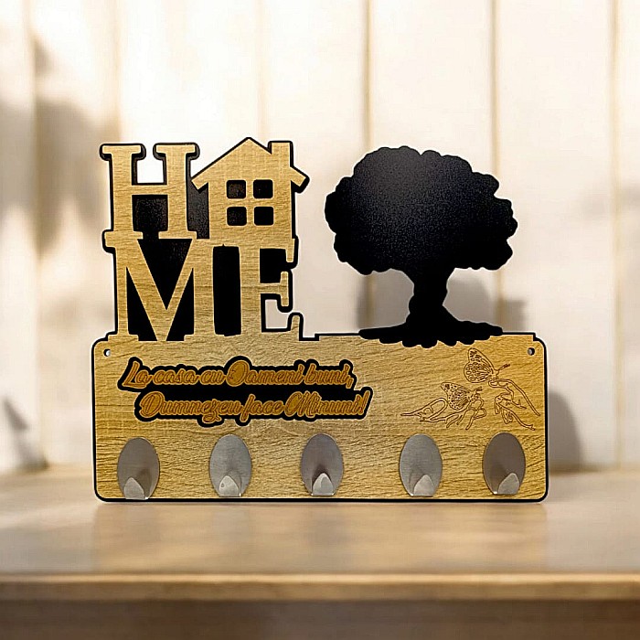 Cadou personalizat, cuier decorativ cu copac pentru perete cu mesaj standard "La casa cu Oamenii buni, Dumnezeu face minuni!" [1]