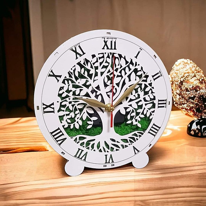 Cadou personalizat, Ceas de birou cu licheni gravat cu Copac , alb [1]