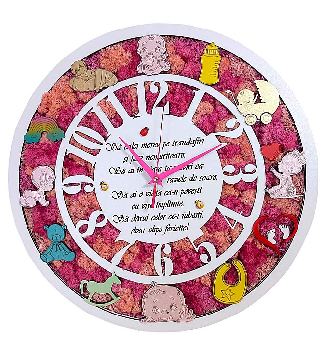 Ceas de perete decorativ cu licheni colorati, cu mesaj standard pentru Familie/Prieteni/Nasi/Fini [1]