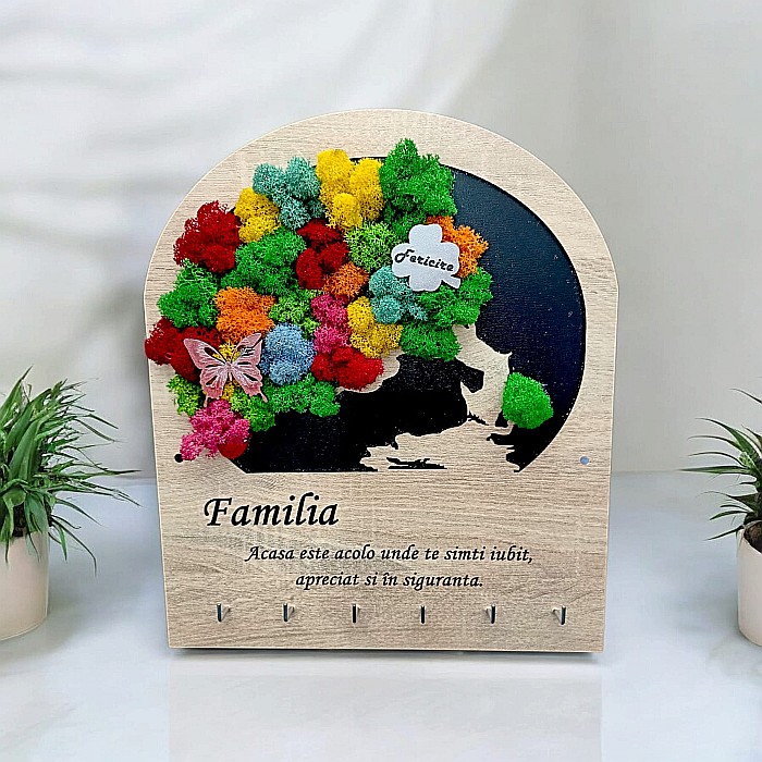 Cadou personalizat, cuier decorativ cu licheni pentru perete cu mesaj standard pentru Familie [1]