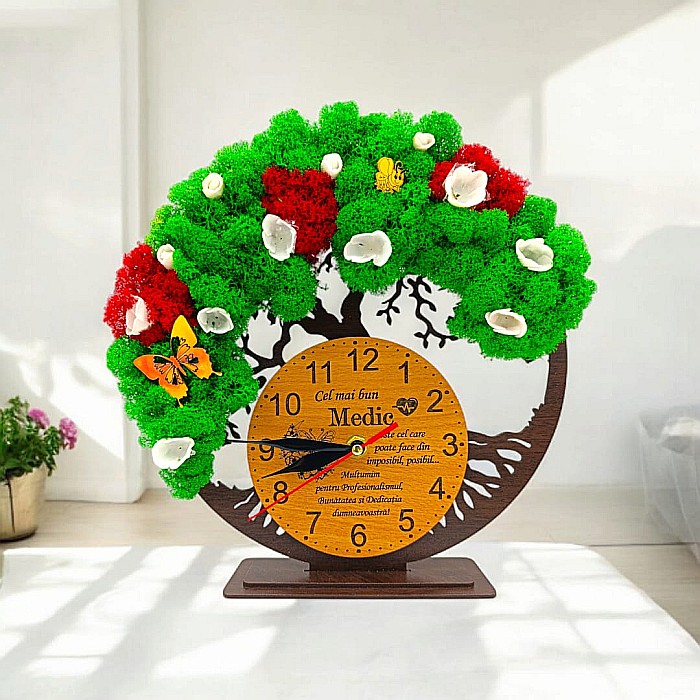 Cadou personalizat, Ceas decorativ copacul vietii cu mesaj standard pentru Medic, decorat cu licheni stabilizati si flori decorative naturale, wenge [1]