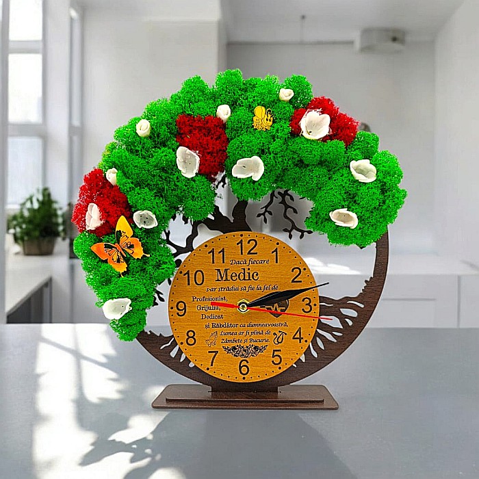 Cadou personalizat, Ceas decorativ copacul vietii cu mesaj standard pentru Medic, model 2, decorat cu licheni stabilizati si flori decorative naturale, wenge [1]