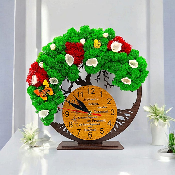 Cadou personalizat, Ceas decorativ copacul vietii cu mesaj standard pentru Sef/Coleg/Angajat, decorat cu licheni stabilizati si flori decorative naturale, wenge [1]
