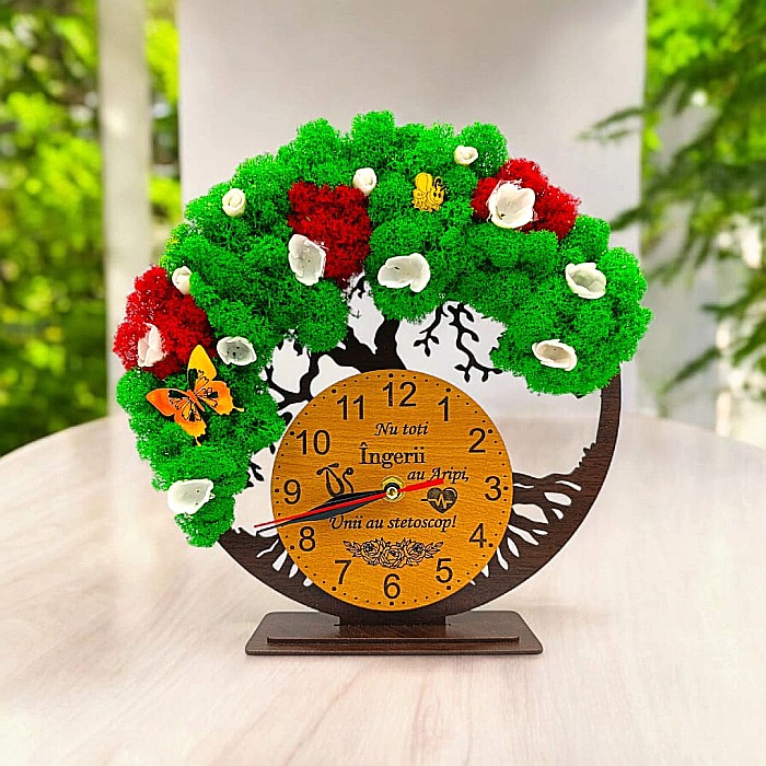 Cadou personalizat, Ceas decorativ copacul vietii cu mesaj standard pentru Medic/Doctor, decorat cu licheni stabilizati si flori decorative naturale, wenge [1]