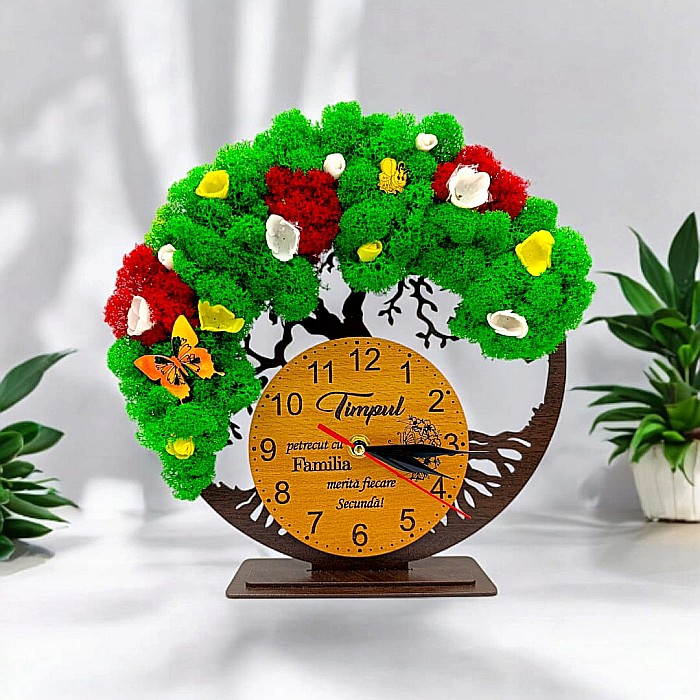 Cadou personalizat, Ceas decorativ copacul vietii cu mesaj standard pentru Familie, decorat cu licheni stabilizati si flori decorative naturale, wenge [1]