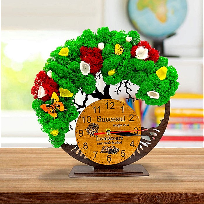 Cadou personalizat, Ceas decorativ copacul vietii cu mesaj standard pentru Invatatoare, decorat cu licheni stabilizati si flori decorative naturale, wenge [1]