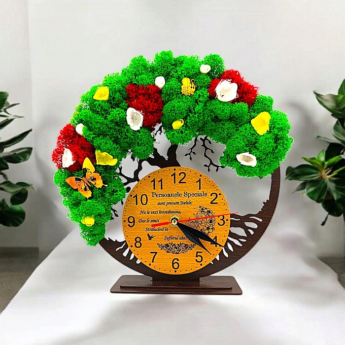 Cadou personalizat, Ceas decorativ copacul vietii cu mesaj standard pentru Persoanele Speciale, decorat cu licheni stabilizati si flori decorative naturale, wenge [1]