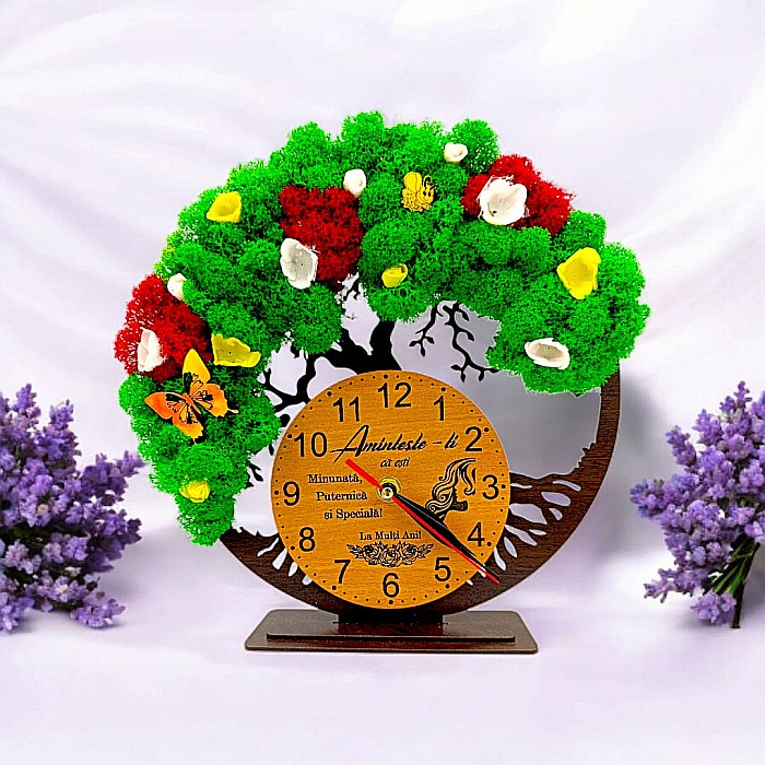 Cadou personalizat, Ceas decorativ copacul vietii cu mesaj standard pentru Ziua femeii, decorat cu licheni stabilizati si flori decorative naturale, wenge [1]