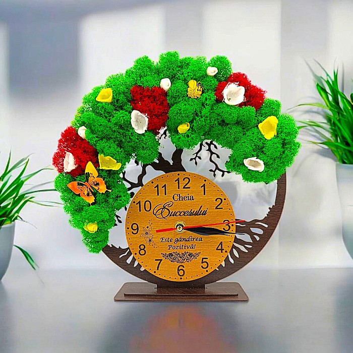 Cadou personalizat, Ceas decorativ copacul vietii cu mesaj standard pentru Cheia Succesului, decorat cu licheni stabilizati si flori decorative naturale, wenge [1]