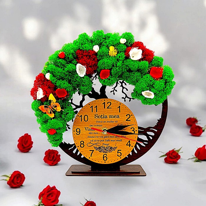 Cadou personalizat, Ceas decorativ copacul vietii cu mesaj standard pentru "Sotia Mea", decorat cu licheni stabilizati si flori decorative naturale, wenge [1]