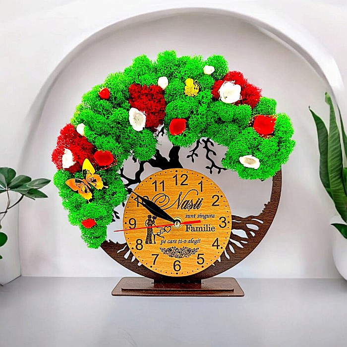 Cadou personalizat, Ceas decorativ copacul vietii cu mesaj standard pentru Nasi, decorat cu licheni stabilizati si flori decorative naturale, wenge [1]
