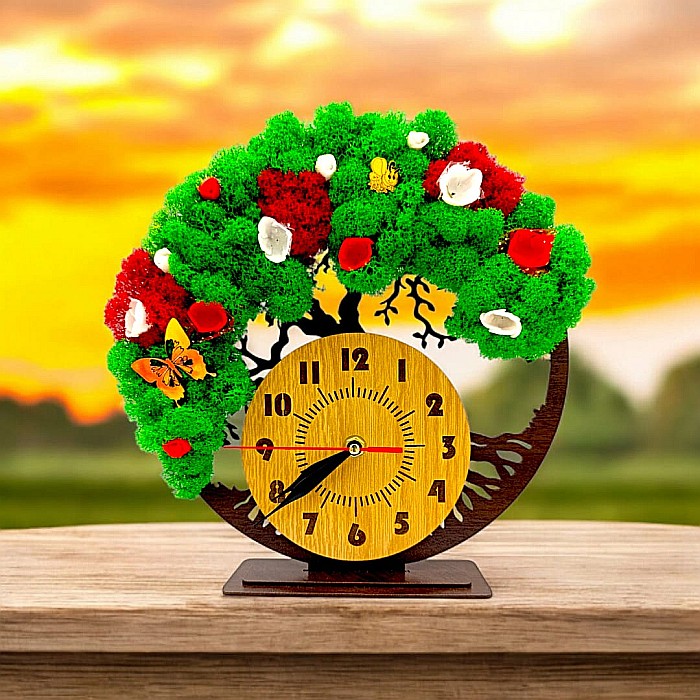 Cadou personalizat, Ceas decorativ copacul vietii fara mesaj standard , decorat cu licheni stabilizati si flori decorative naturale, wenge [1]