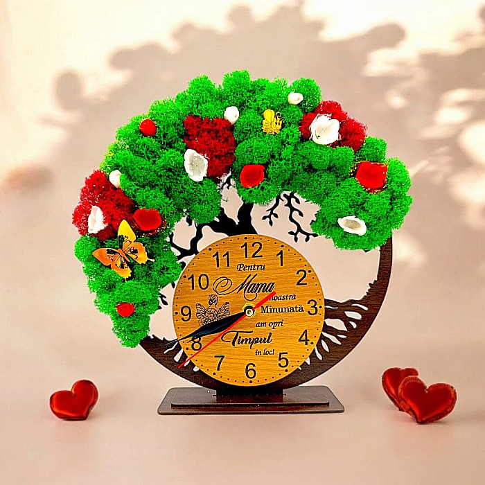 Cadou personalizat, Ceas decorativ copacul vietii cu mesaj standard pentru Mama , decorat cu licheni stabilizati si flori decorative naturale, wenge [1]