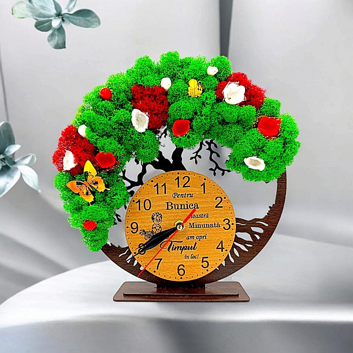 Cadou personalizat, Ceas decorativ copacul vietii cu mesaj standard pentru Bunica , decorat cu licheni stabilizati si flori decorative naturale, wenge [1]