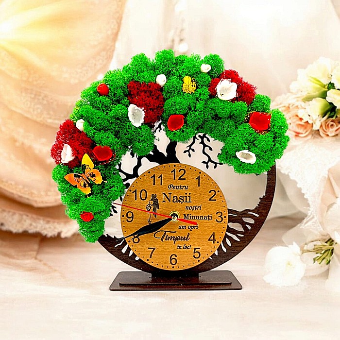 Cadou personalizat, Ceas decorativ copacul vietii cu mesaj standard pentru Nasi, model 2, decorat cu licheni stabilizati si flori decorative naturale, wenge [1]