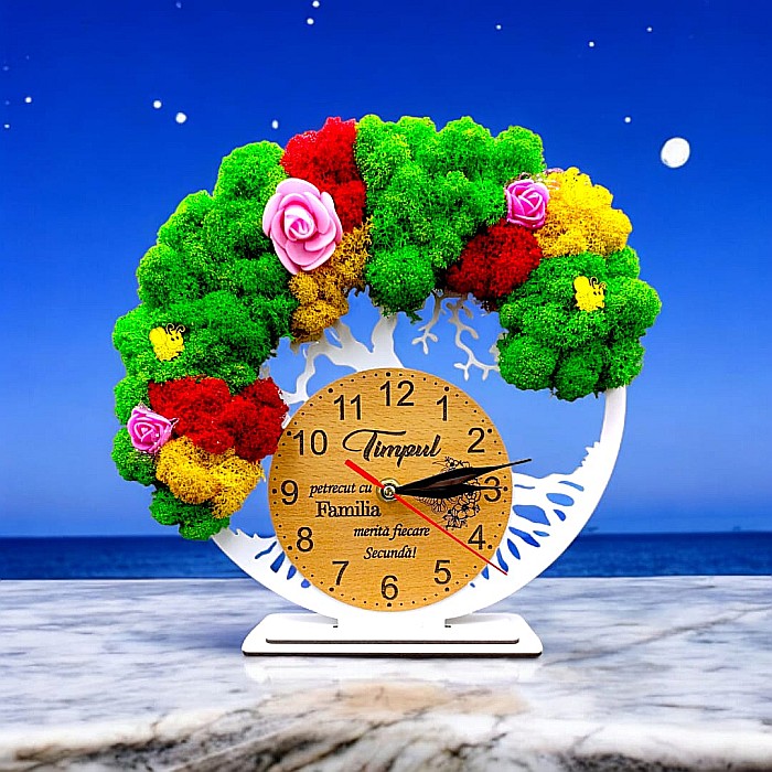 Cadou personalizat, Ceas decorativ copacul vietii cu mesaj standard pentru Familie, decorat cu licheni stabilizati si flori decorative naturale, alb [1]