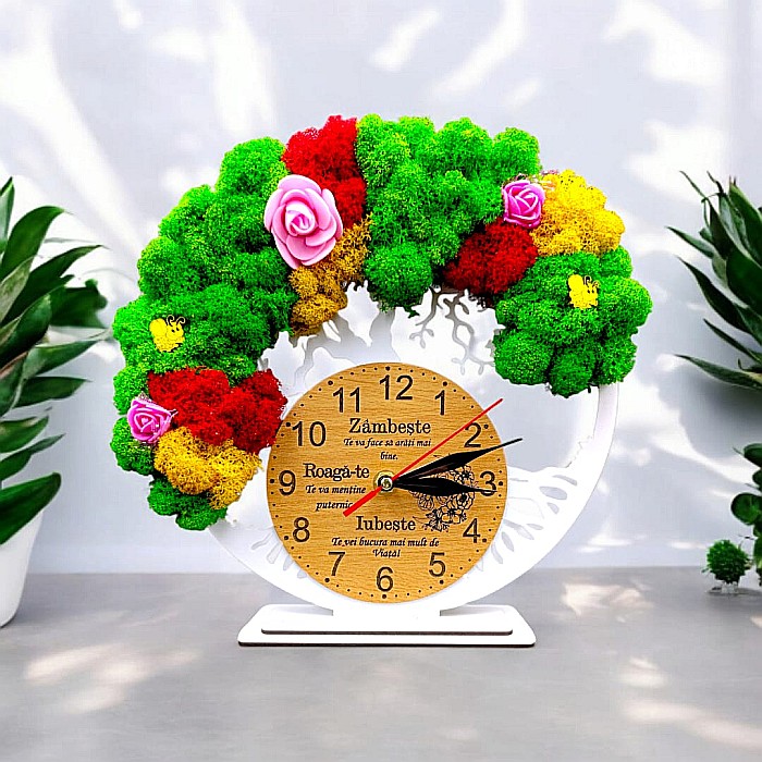 Cadou personalizat, Ceas decorativ copacul vietii cu mesaj standard pentru "Zambeste, Roaga-te, Iubeste", decorat cu licheni stabilizati si flori decorative naturale, alb [1]
