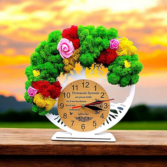 Cadou personalizat, Ceas decorativ copacul vietii cu mesaj standard pentru Persoanele Speciale, decorat cu licheni stabilizati si flori decorative naturale, alb [1]