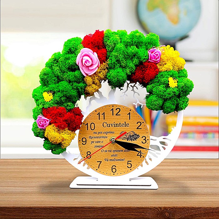 Cadou personalizat, Ceas decorativ copacul vietii cu mesaj standard pentru Profesori/Doctori, decorat cu licheni stabilizati si flori decorative naturale, alb [1]