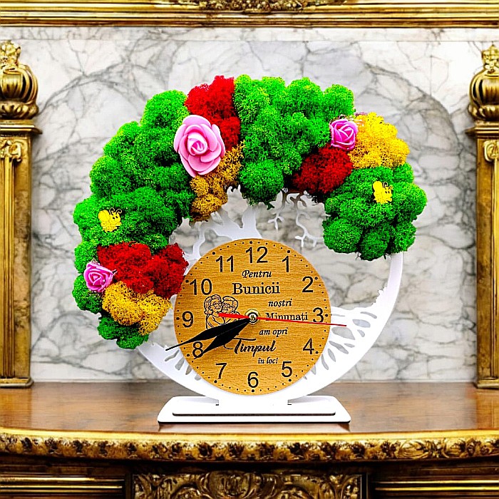 Cadou personalizat, Ceas decorativ copacul vietii cu mesaj standard pentru Bunici, decorat cu licheni stabilizati si flori decorative naturale, alb [1]