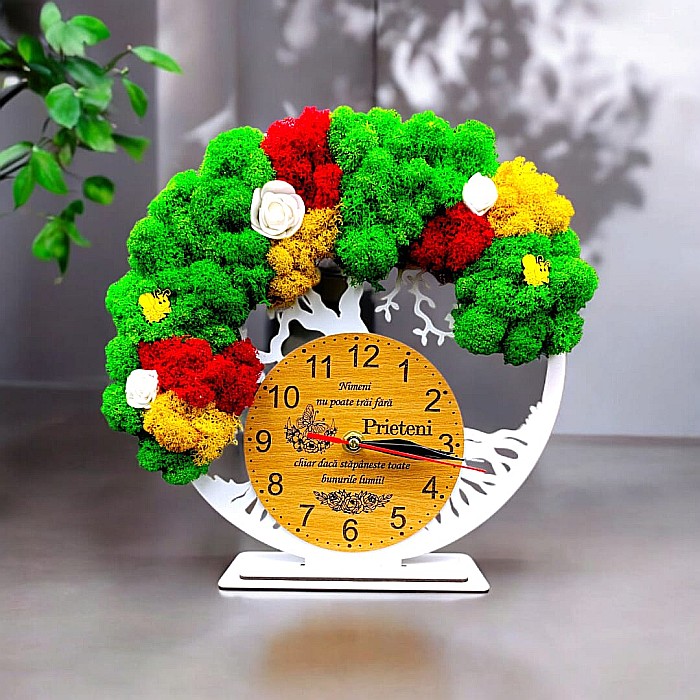 Cadou personalizat, Ceas decorativ copacul vietii cu mesaj standard pentru Prieteni, decorat cu licheni stabilizati si flori decorative naturale, alb [1]