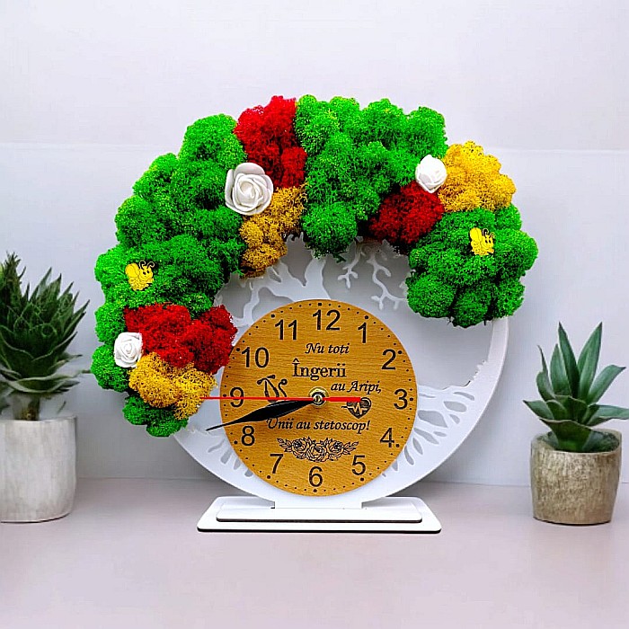 Cadou personalizat, Ceas decorativ copacul vietii cu mesaj standard pentru Medic/Doctor, decorat cu licheni stabilizati si flori decorative naturale, alb [1]