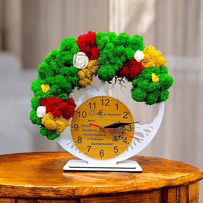 Cadou personalizat, Ceas decorativ copacul vietii cu mesaj standard pentru Medici/Doctori/Profesori, model 2, decorat cu licheni stabilizati si flori decorative naturale, alb [1]