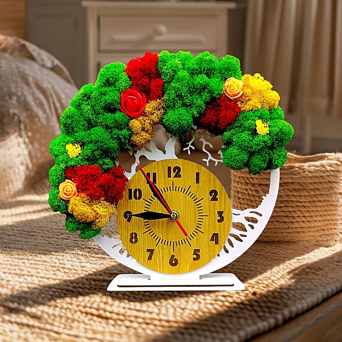 Cadou personalizat, Ceas decorativ copacul vietii fara mesaj standard , decorat cu licheni stabilizati si flori decorative naturale, alb [1]