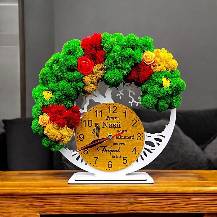 Cadou personalizat, Ceas decorativ copacul vietii cu mesaj standard pentru Nasi , decorat cu licheni stabilizati si flori decorative naturale, alb [1]