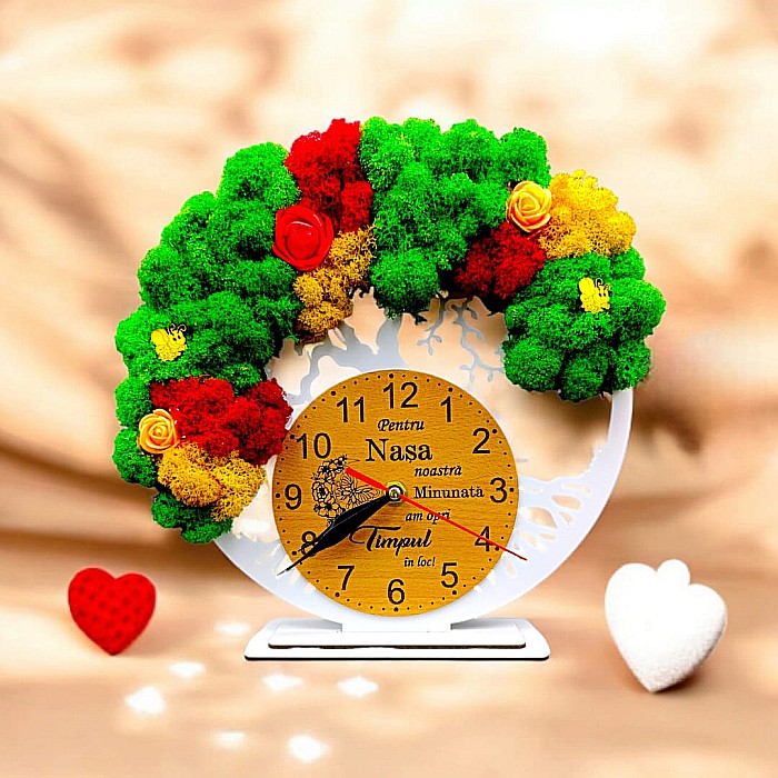 Cadou personalizat, Ceas decorativ copacul vietii cu mesaj standard pentru Nasa , decorat cu licheni stabilizati si flori decorative naturale, alb [1]