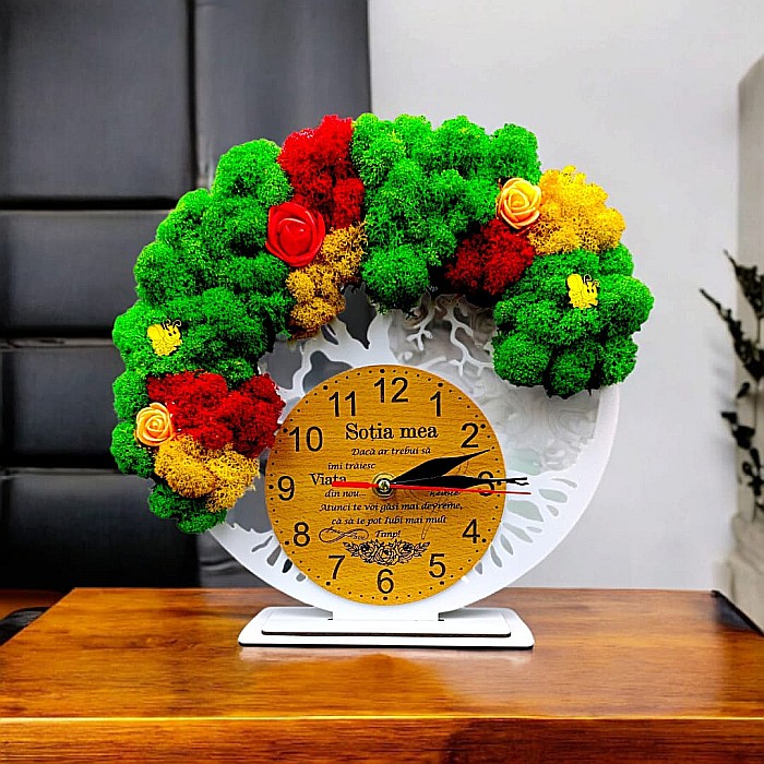 Cadou personalizat, Ceas decorativ copacul vietii cu mesaj standard pentru "Sotia Mea" , decorat cu licheni stabilizati si flori decorative naturale, alb [1]