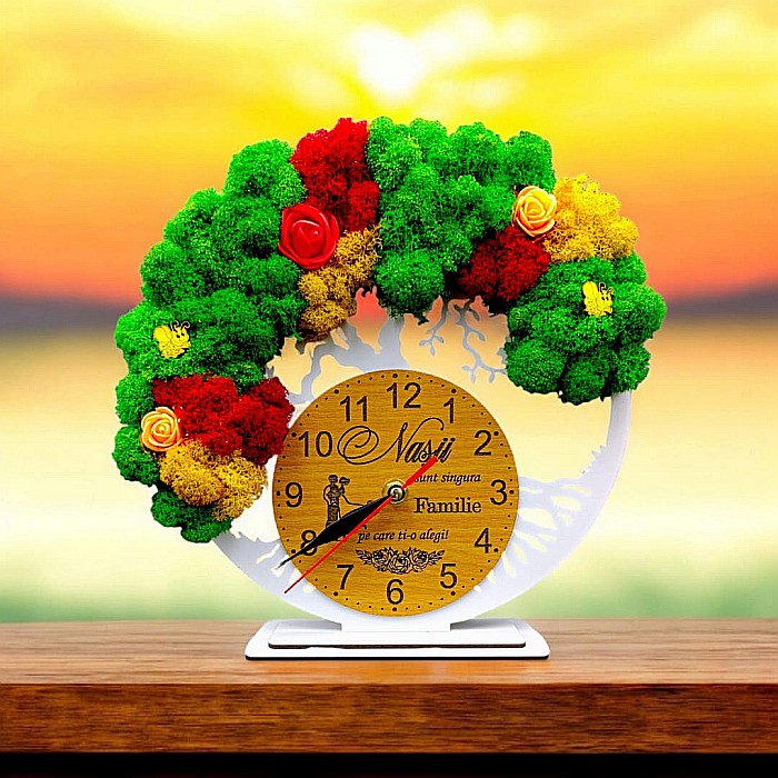 Cadou personalizat, Ceas decorativ copacul vietii cu mesaj standard pentru Nasi, model 2, decorat cu licheni stabilizati si flori decorative naturale, alb [1]
