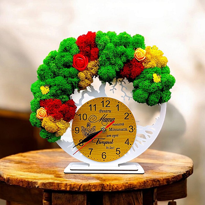 Cadou personalizat, Ceas decorativ copacul vietii cu mesaj standard pentru Mama, model 2, decorat cu licheni stabilizati si flori decorative naturale, alb [1]
