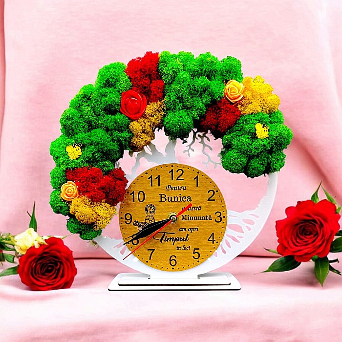 Cadou personalizat, Ceas decorativ copacul vietii cu mesaj standard pentru Bunica, decorat cu licheni stabilizati si flori decorative naturale, alb [1]