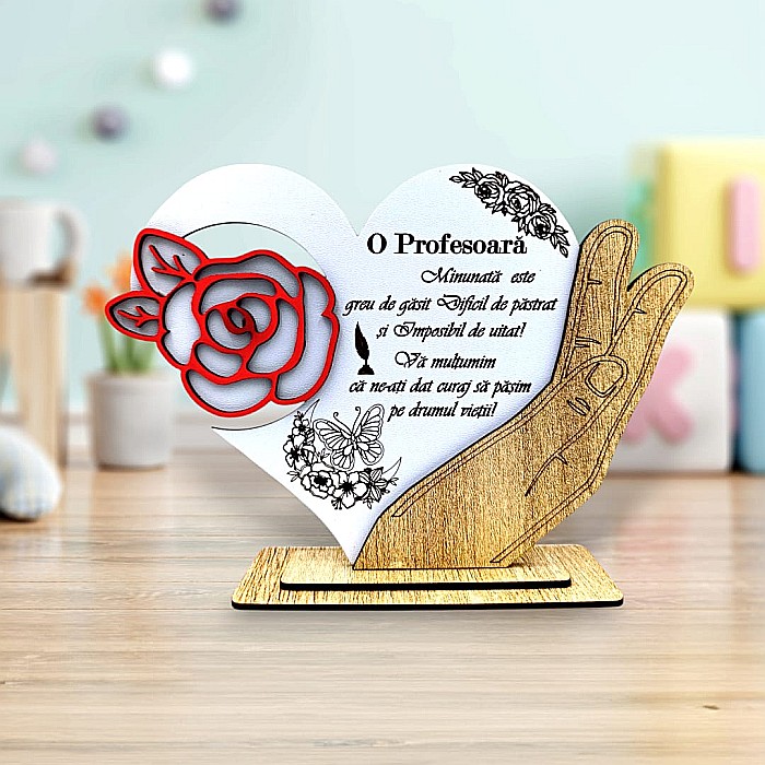 Cadou personalizat, tablou inima in palma cu mesaj standard pentru Profesoara, 21x15cm [1]