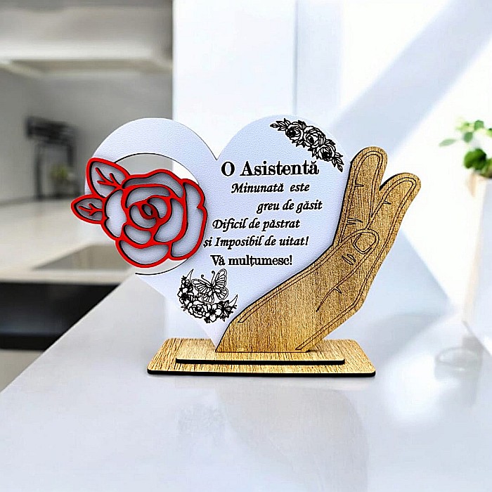 Cadou personalizat, tablou inima in palma cu mesaj standard pentru Asistenta, 21x15cm [1]